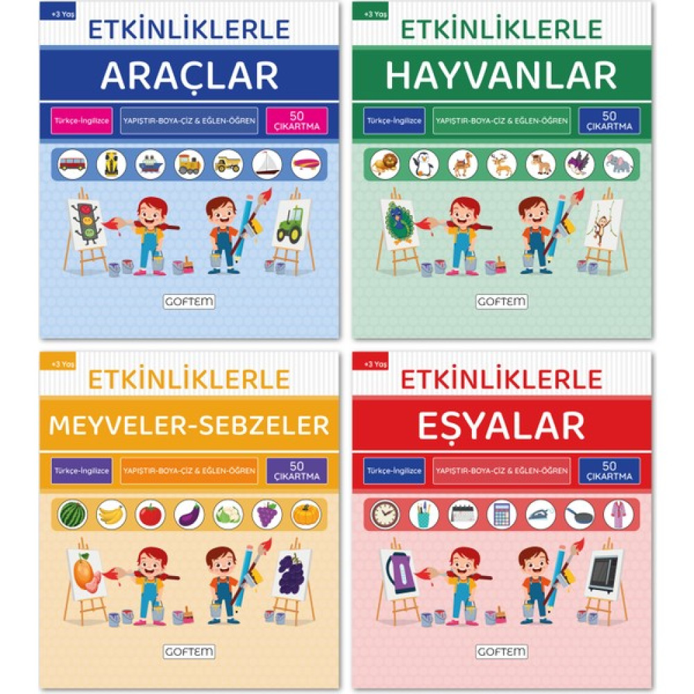 GOFTEM Etkinliklerle Öğreniyorum Seti - Türkçe Ingilizce - 200 Çıkartma - 96 Sayfa - 4 Kitap Eğitici Aktivite Kitabı Okul Öncesi Eğitici & Öğretici Kitaplar Fiyatı