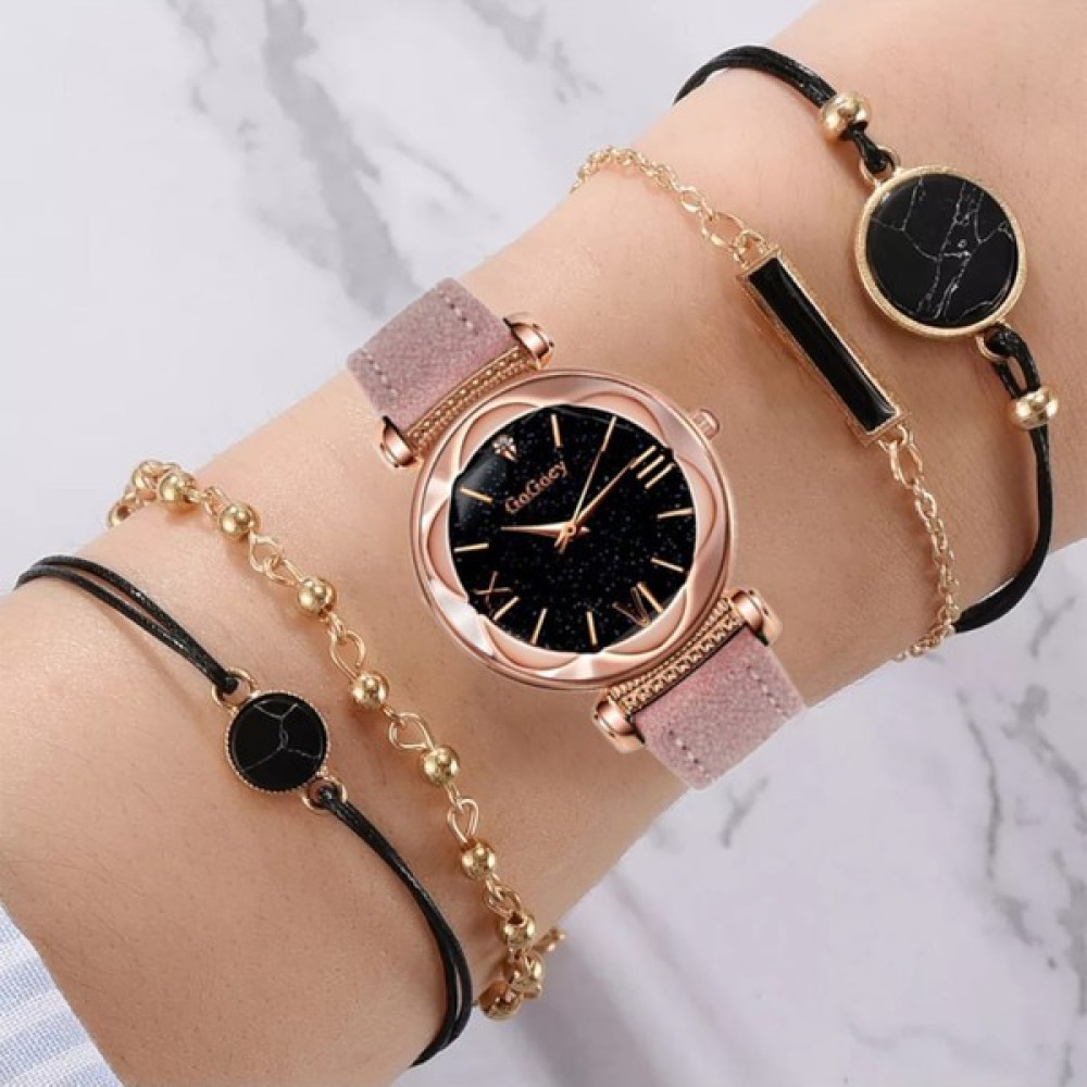 Gogoey Kadın Kol Saati Lüks Moda Şık Trend Bayan Set Saat Pembe Renk + 4 Adet Bileklik Hediye Kol Saatleri Fiyatı