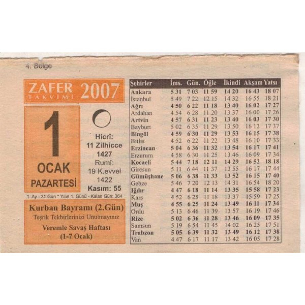 Gökçe Koleksiyon 1 Ocak 2007 Takvim Yaprağı 5088 Takvim Fiyatı