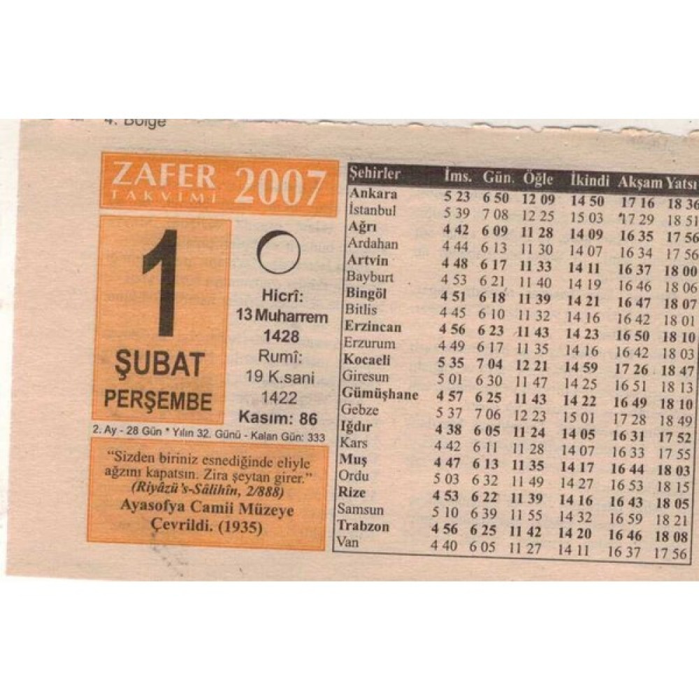 Gökçe Koleksiyon 1 Şubat 2007 Takvim Yaprağı 5634 Takvim Fiyatı