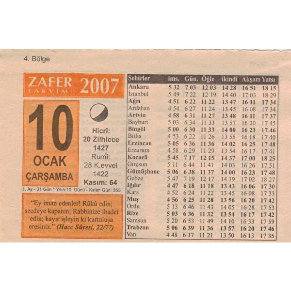Gökçe Koleksiyon 10 Ocak 2007 Takvim Yaprağı 5097 Takvim Fiyatı