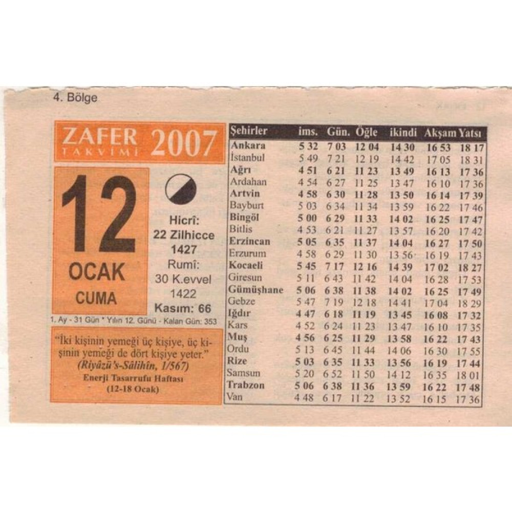 Gökçe Koleksiyon 12 Ocak 2007 Takvim Yaprağı 5099 Takvim Fiyatı