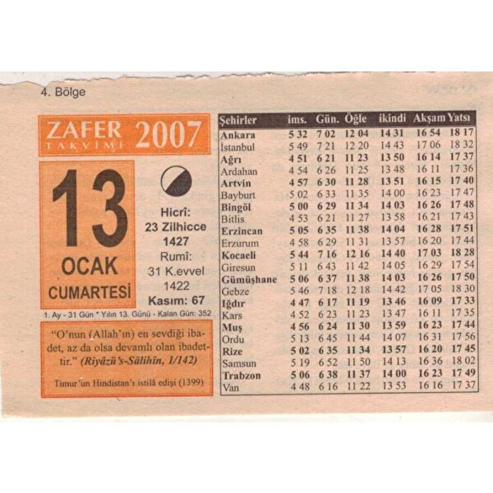 Gökçe Koleksiyon 13 Ocak 2007 Takvim Yaprağı 5100 Takvim Fiyatı