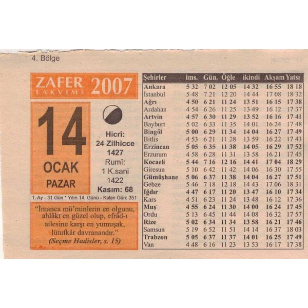 Gökçe Koleksiyon 14 Ocak 2007 Takvim Yaprağı 5101 Takvim Fiyatı