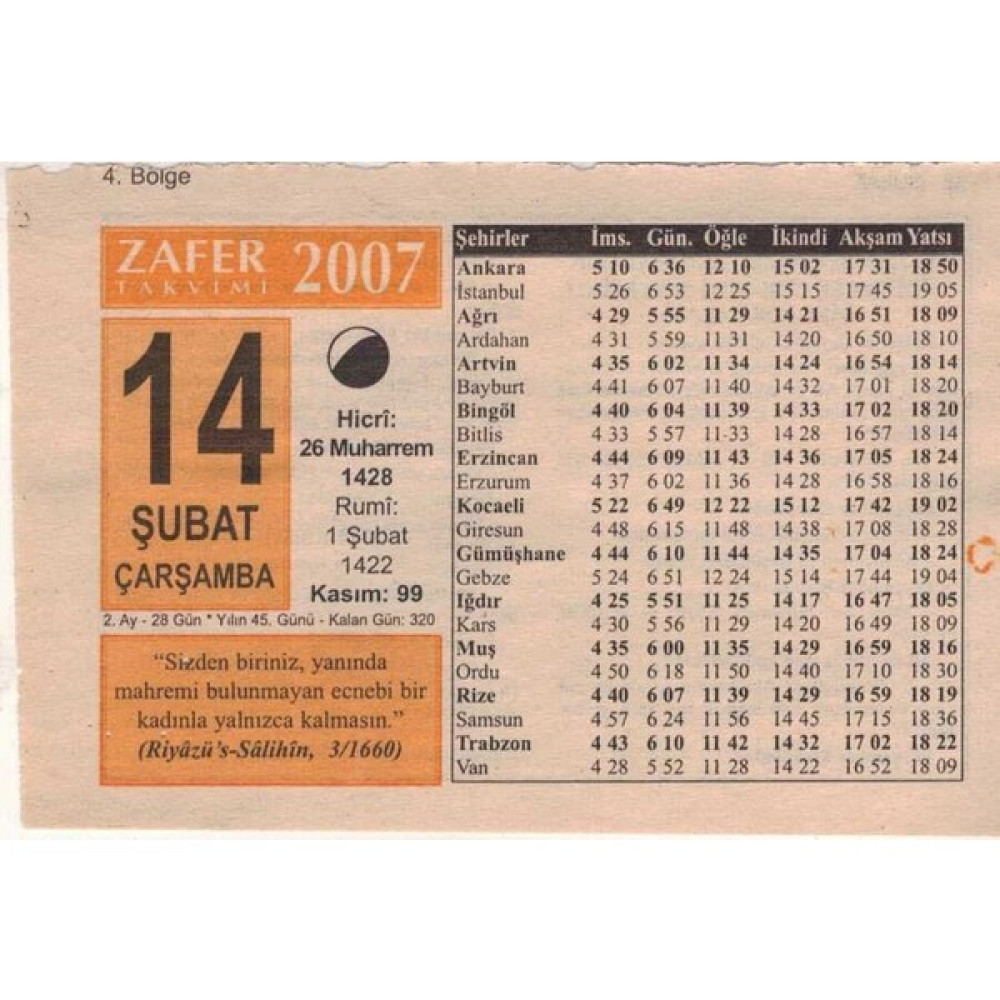 Gökçe Koleksiyon 14 Şubat 2007 Takvim Yaprağı 5647 Takvim Fiyatı