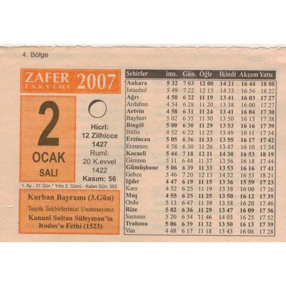 Gökçe Koleksiyon 2 Ocak 2007 Takvim Yaprağı 5089 Takvim Fiyatı