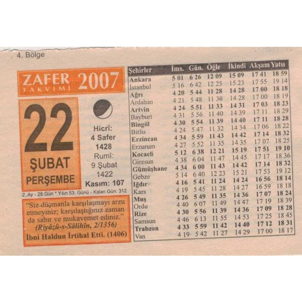 Gökçe Koleksiyon 22 Şubat 2007 Takvim Yaprağı 5655 Takvim Fiyatı