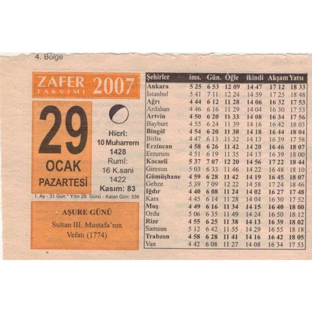 Gökçe Koleksiyon 29 Ocak 2007 Takvim Yaprağı 5116 Takvim Fiyatı