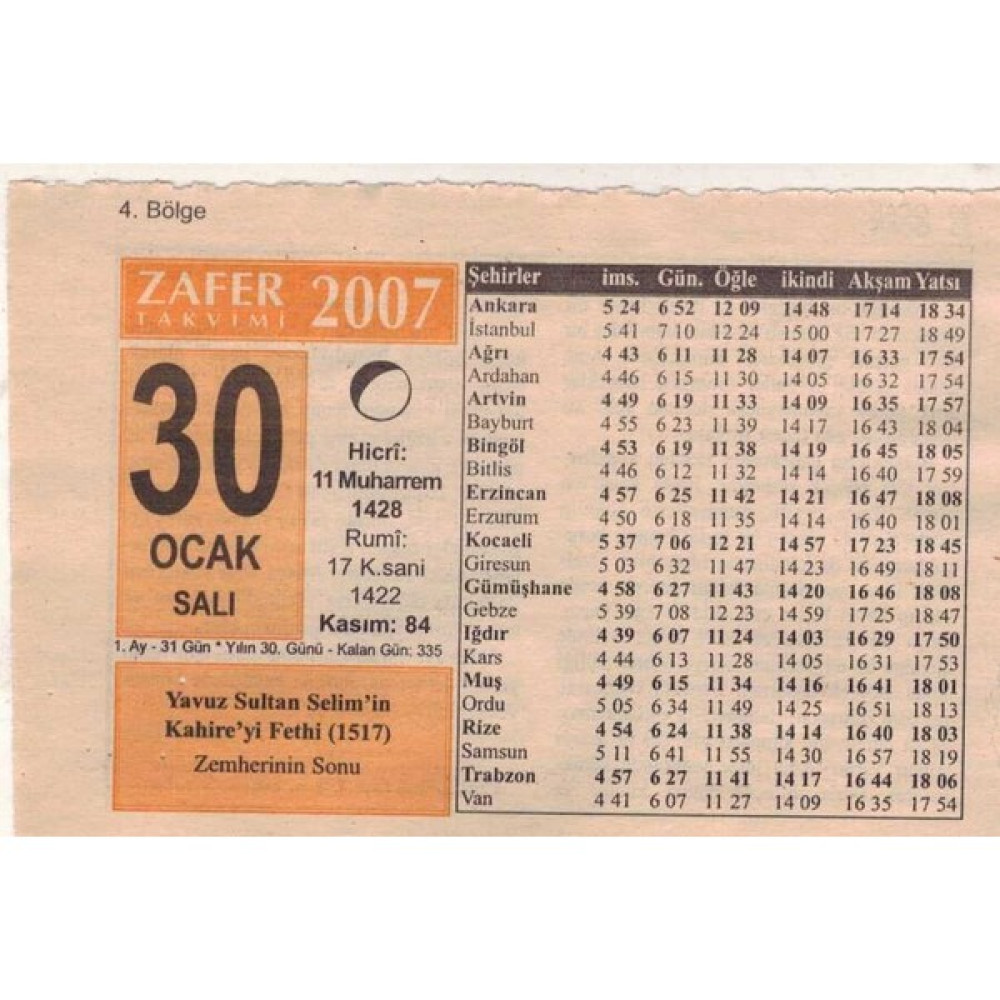 Gökçe Koleksiyon 30 Ocak 2007 Takvim Yaprağı 5117 Takvim Fiyatı