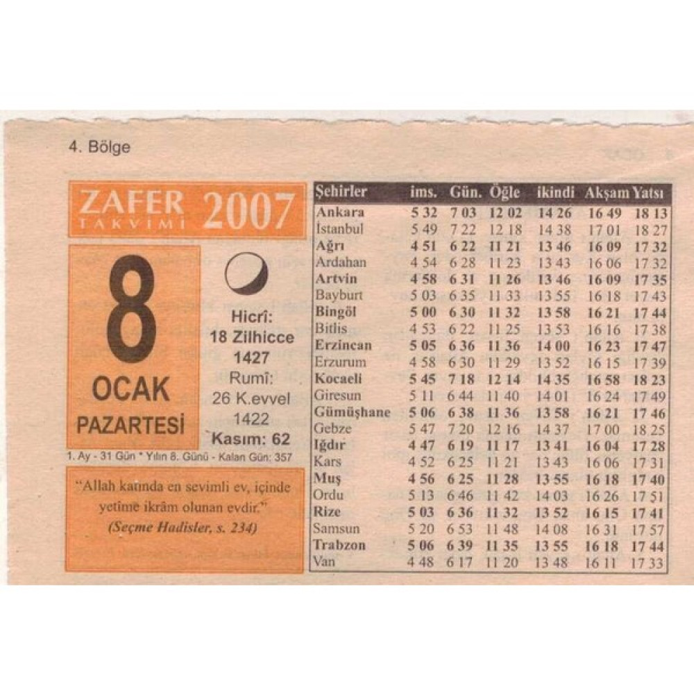 Gökçe Koleksiyon 8 Ocak 2007 Takvim Yaprağı 5095 Takvim Fiyatı