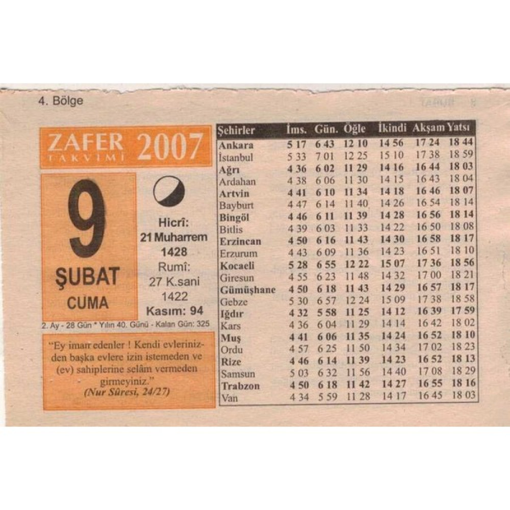 Gökçe Koleksiyon 9 Şubat 2007 Takvim Yaprağı 5642 Takvim Fiyatı