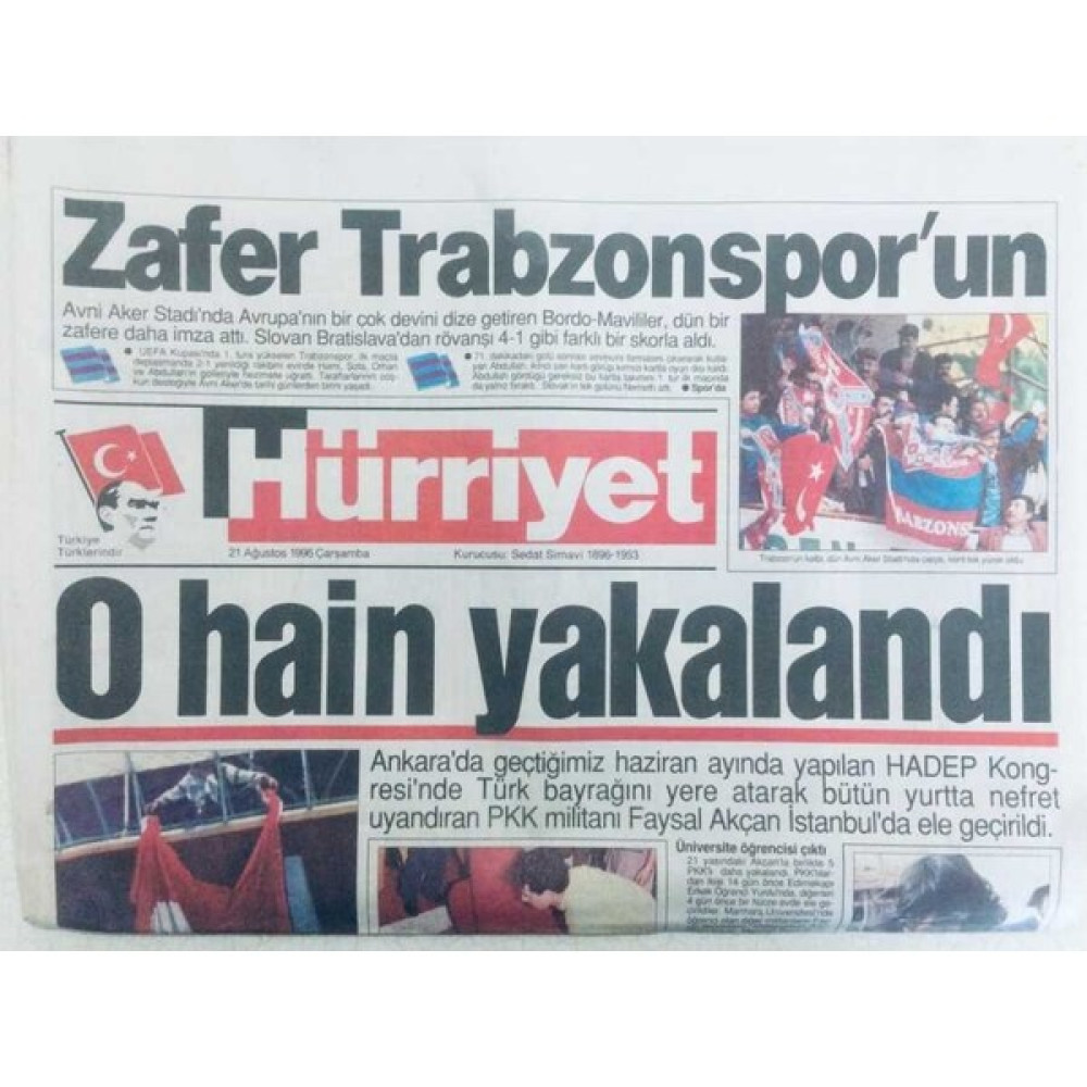 Gökçe Koleksiyon Hürriyet Gazetesi  21 Ağustos 1996 - Zafer Trabzonsporun  GZ40383 Oto Boyaları Fiyatı
