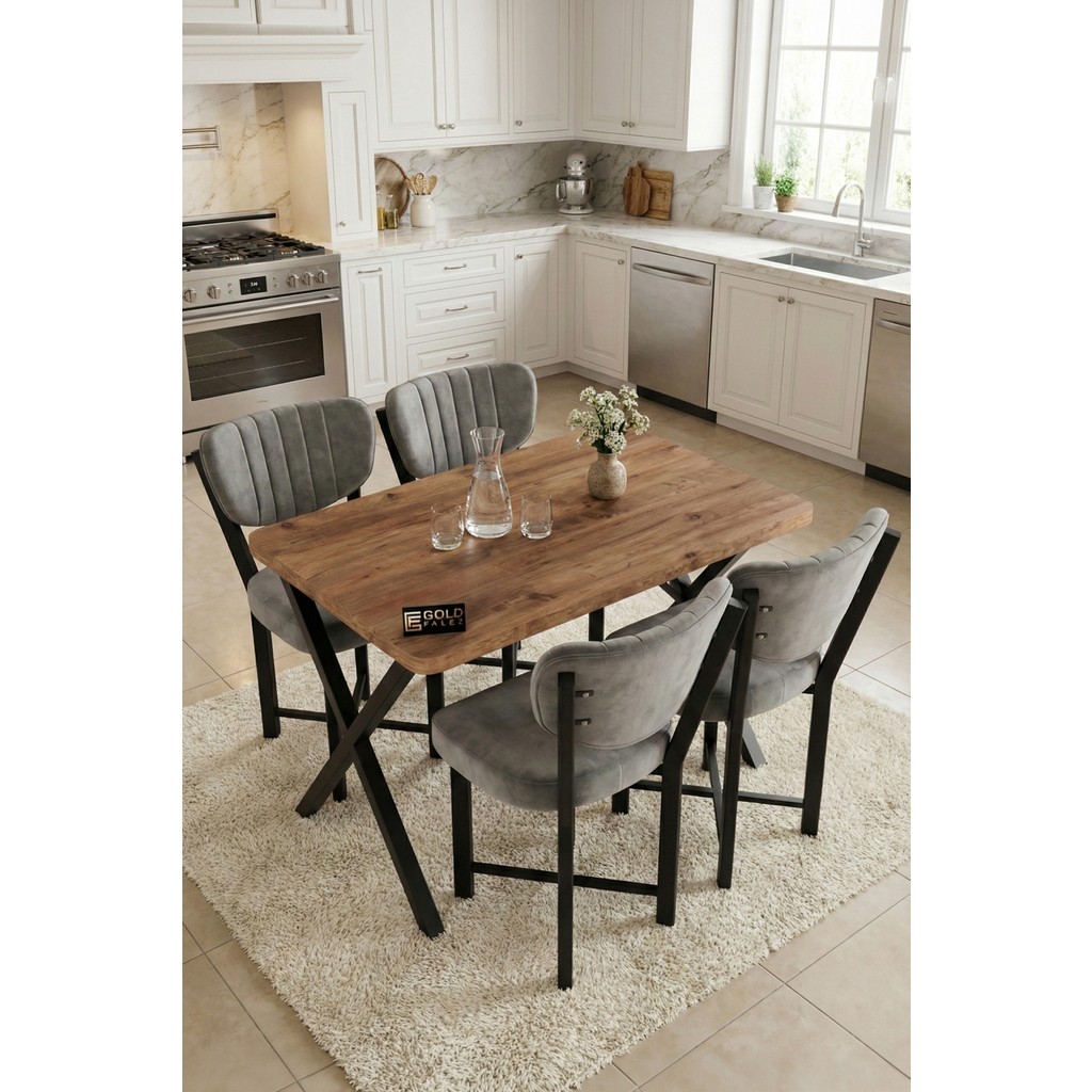 Gold Falez Mutfak Masası 4 Sandalyeli Set 110X70 cm Modern Masa Takımı Cafe Balkon Ofis Masa Elma 9884 Gri Alez / Yatak Koruyucu Fiyatı