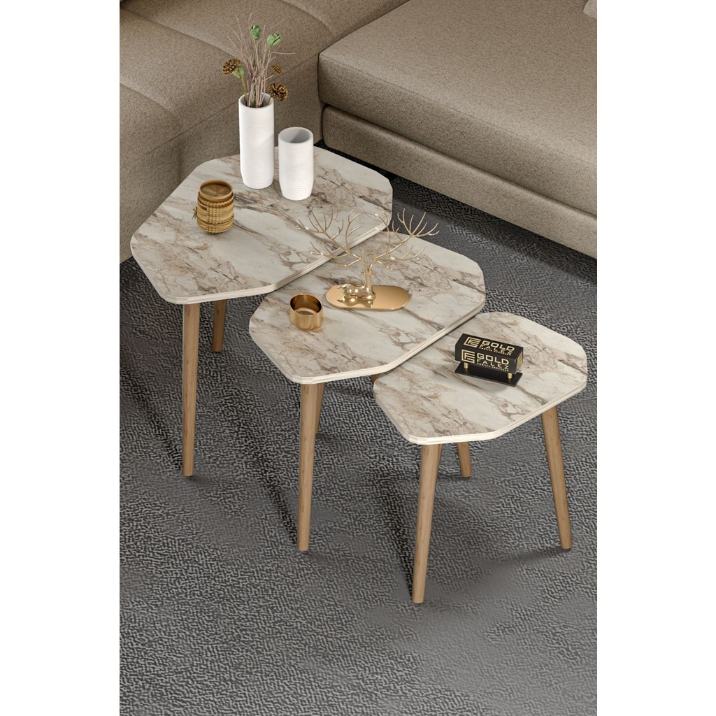 Gold Falez Zigon Sehpa 3'lü Set Ahşap Ayaklı Suntalam Yüzeyli Modern Tasarım 60 cm - Bej Yan Sehpa Fiyatı