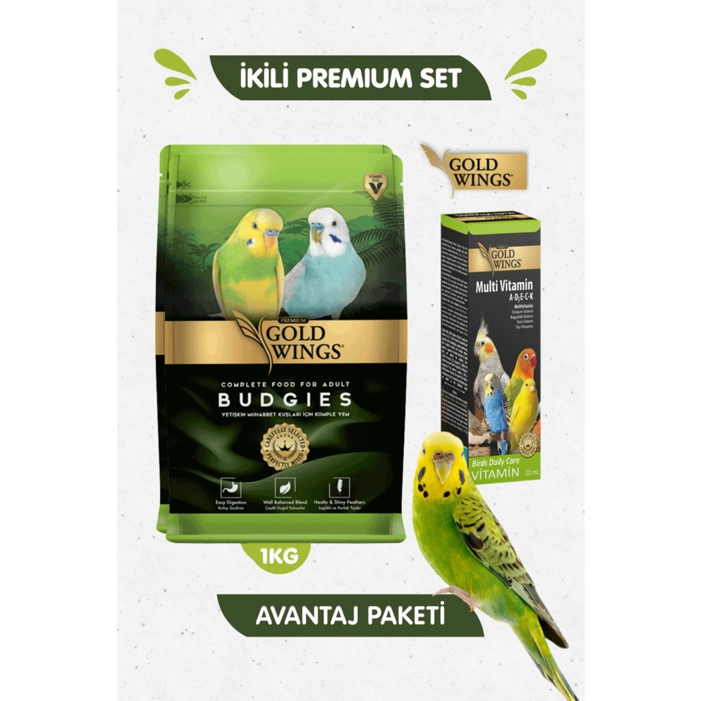 Gold Wings 2li Set - Premium Muhabbet Kuşu Yemi 1 kg + Muhabbet Kuşu Multivitamin Tüy Oluşum Desteği 20ML Evcil Hayvan Ürünleri Fiyatı