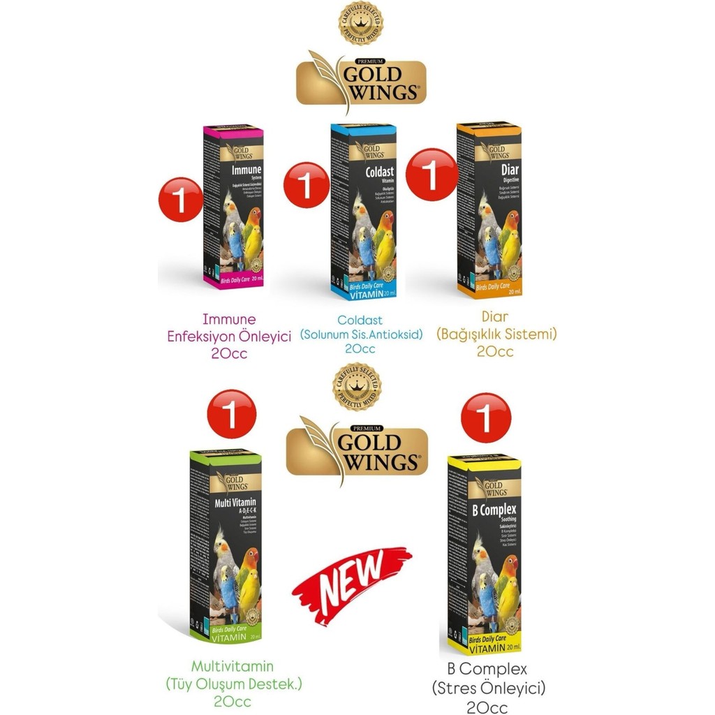 Gold Wings Kuş Vitamin Seti (5) 20C Muhabbet Kuşu Kanarya Papağan A-B-D3-E-C-K Vitaminleri Mix - 5 adet Evcil Hayvan Ürünleri Fiyatı