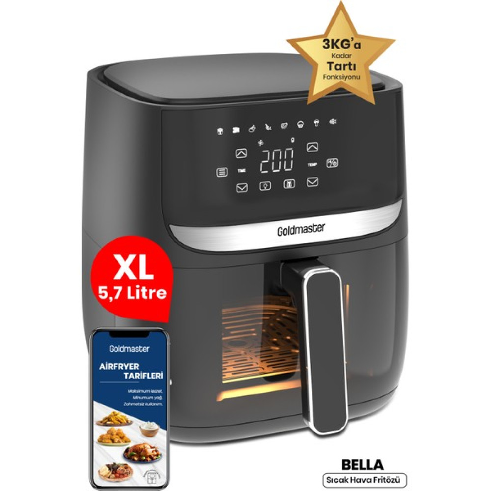 Goldmaster Bella 1700W Xl Dokunmatik Cam Kapaklı Hazne Aydınlatmalı 3kg Tartı Fonksiyonlu Airfryer Sıcak Hava Fritözü Oto Boyaları Fiyatı