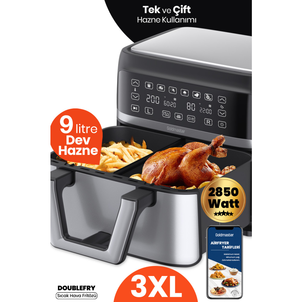 GOLDMASTER Doublefry 2850w 9 Litre 3xl Dev Tek Ve Çift Hazneli Dokunmatik Airfryer Yağsız Sıcak Hava Fritözü Fritözler Fiyatı