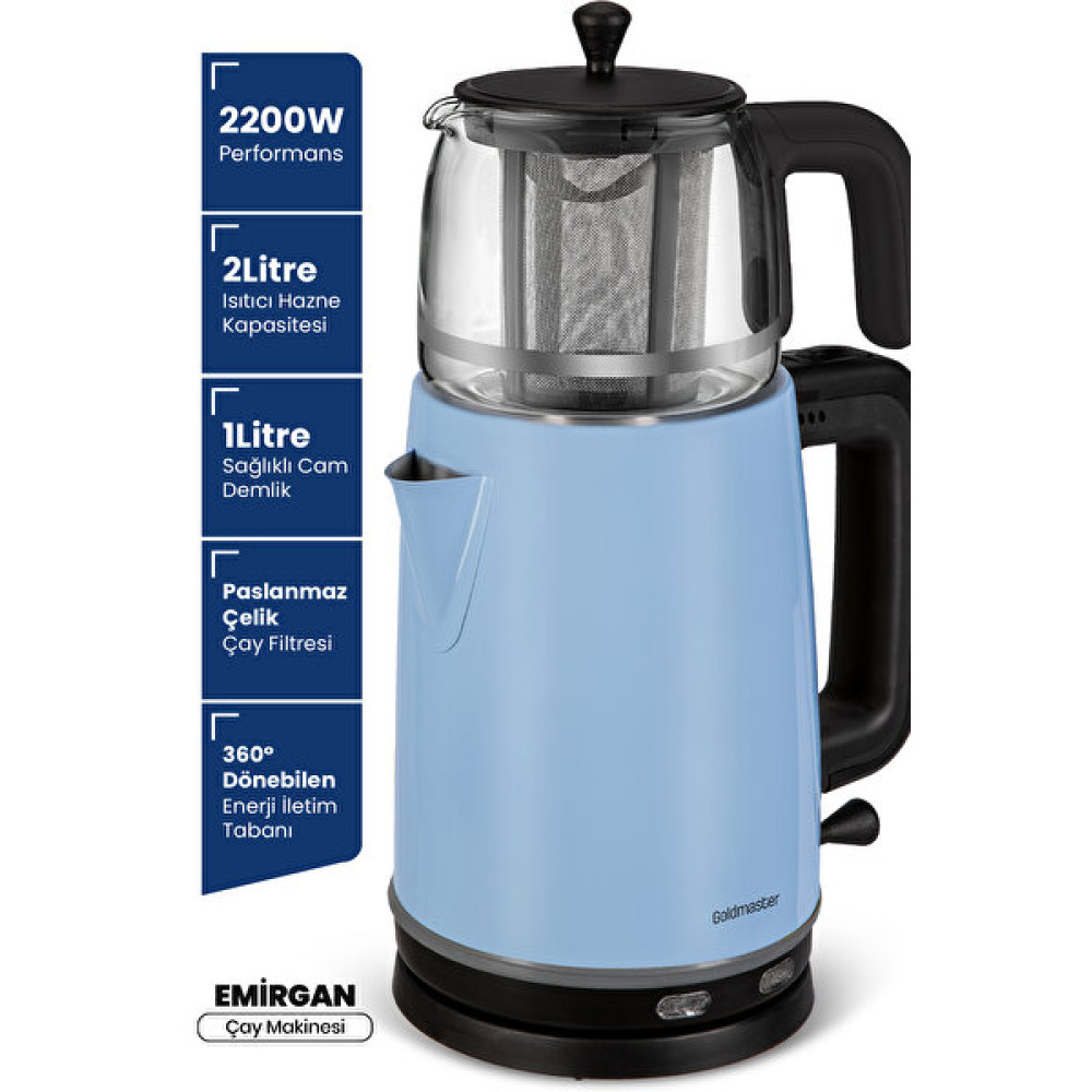 Goldmaster Gm-7375Bm Emirgan 2200 W Paslanmaz Çelik Buz Mavisi Çay Makinesi ve Su Isıtıcısı Çay Makineleri Fiyatı