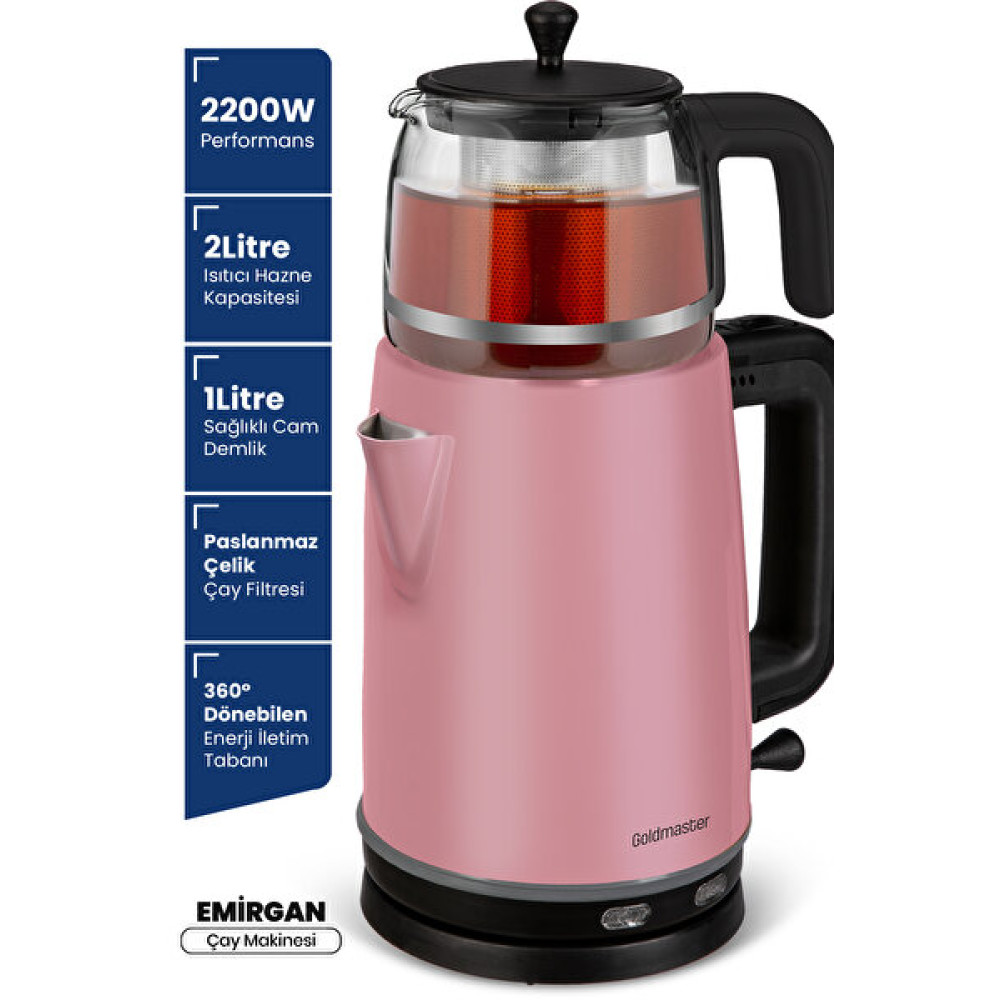 Goldmaster Gm-7375L Emirgan 2200 W Paslanmaz Çelik Sedef Pembe Çay Makinesi ve Su Isıtıcısı Çay Makineleri Fiyatı