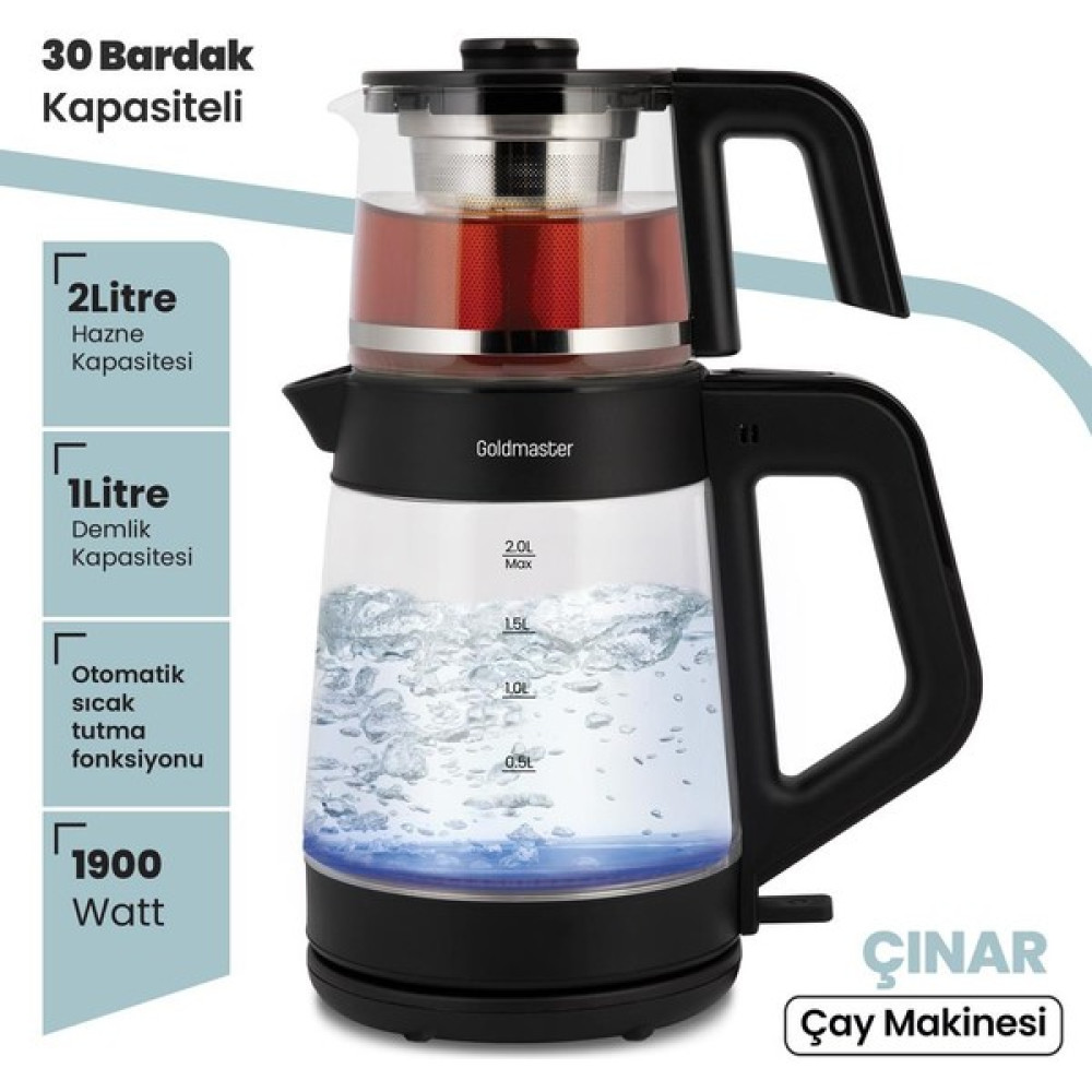 Goldmaster GM8320S Çınar 1900W Geniş Hazneli Demlikli Cam Çay Makinesi ve Işıklı Su Isıtıcısı Siyah Çay Makineleri Fiyatı