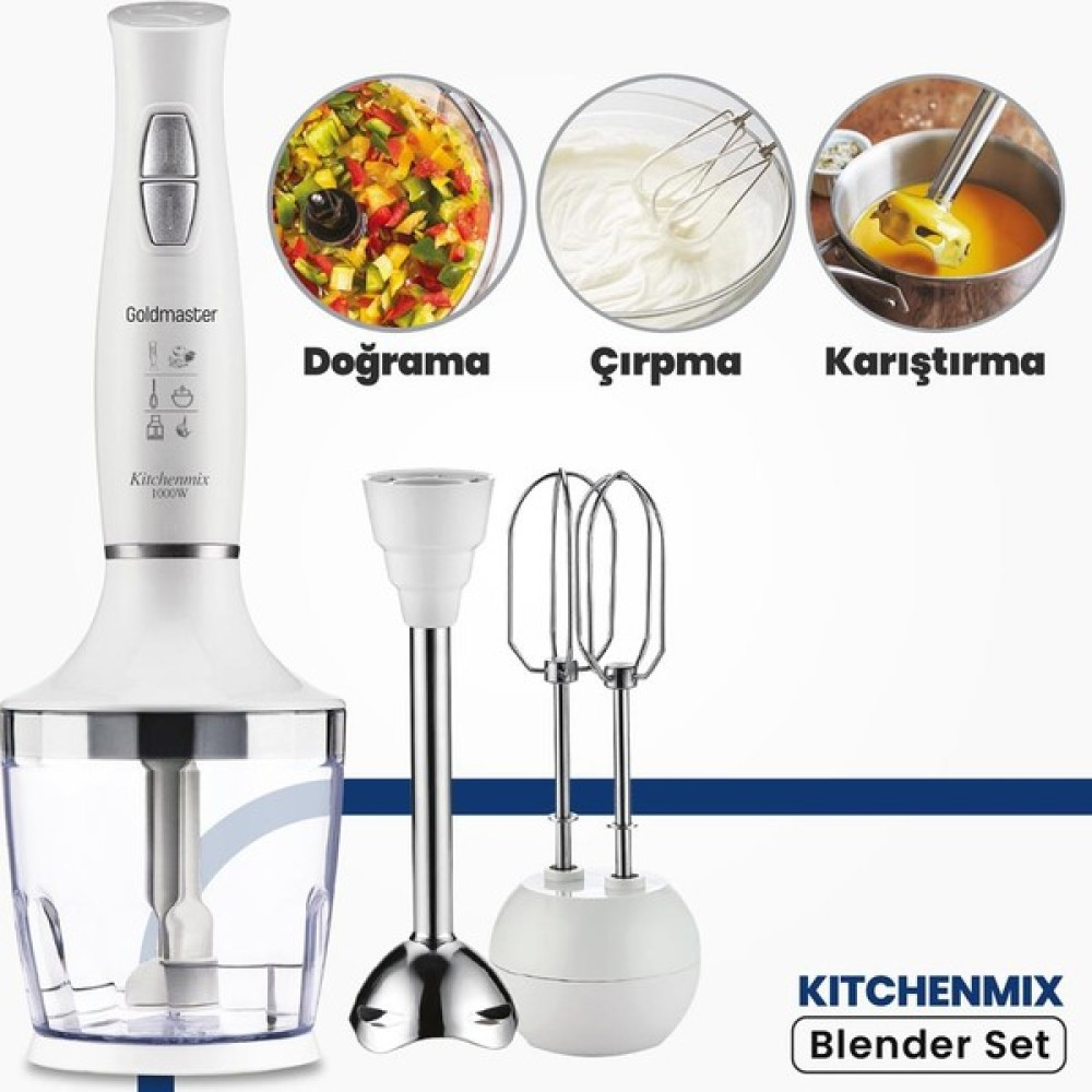 Goldmaster Kitchenmix 1000W Güçlü Motor Turbo Hız Ayarlı 3 In 1 Blender Set Beyaz IN6140 Blenderler Fiyatı