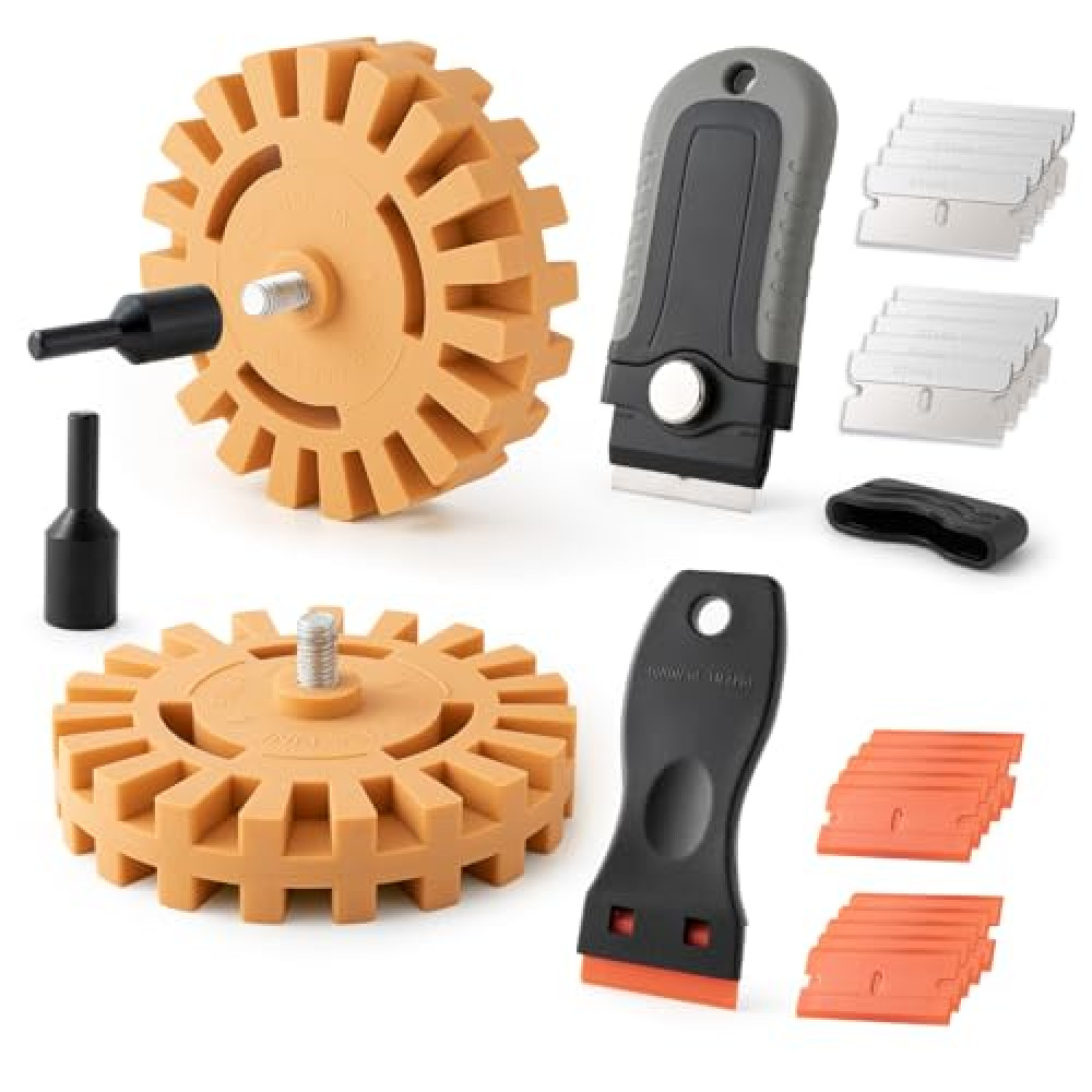 Gomake Decal Remover Eraser Wheel Tool Kit with Drill Adapter Vinyl Decal Adhesive Removal Tool with Razor Blade Scraper for Removing Pinstripes, Stickers, Adhesive Vinyl Decals from Cars
