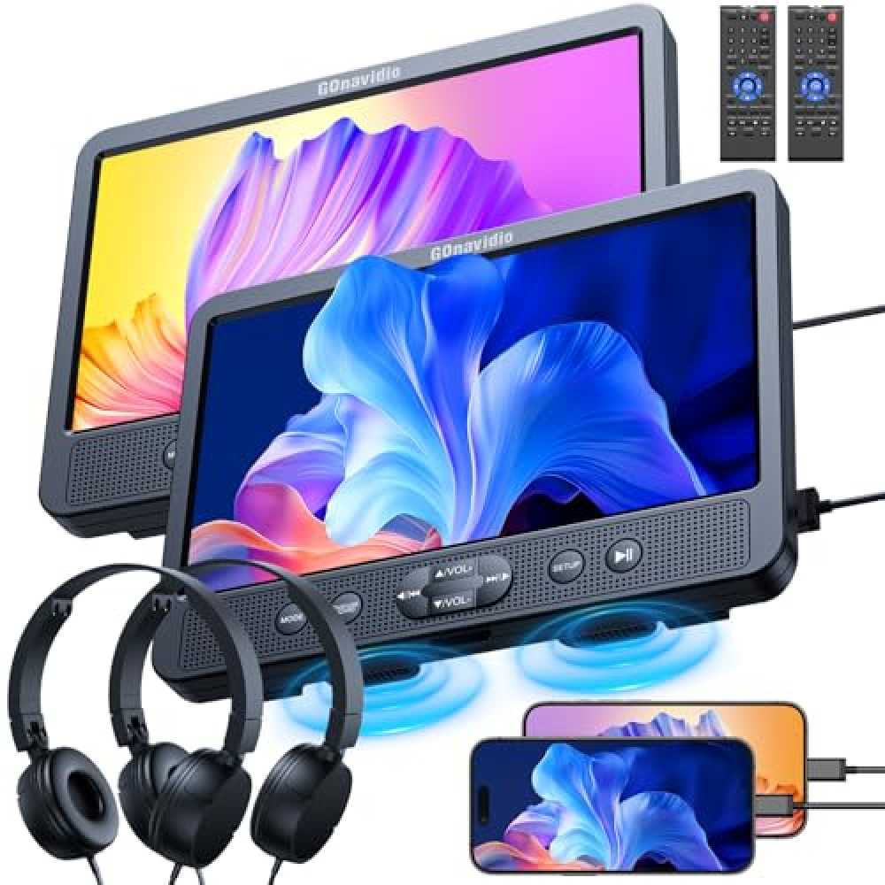 GOnavidio 10.1" Dual Car DVD Players with HDMI Input, Headphones, Mounting Brackets, Headrest DVD Players for Car Support USB/SD Card, AV in/Out, Last Memory, Play A Same or Two Movies, No Battery