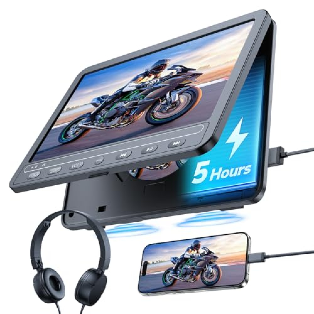 GOnavidio 10.5 Inch DVD Player for Car with 5-Hour Rechargeable Battery, Support HDMI Input, Sync Phone/TV, 1080P Videos, USB SD, Last Memory, Region Free