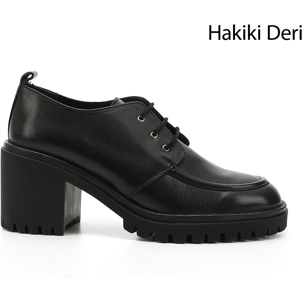 Gönderi® Kadın Siyah Bağcıklı Orta Kalın Topuklu Hakiki Deri Ayakkabı Topuklu Ayakkabı Fiyatı
