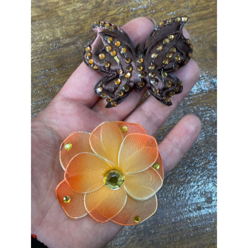 Gönülden Tasarım 7x7 cm 2 Adet Broş Turuncu Çiçek Broş Kahverengi Kelebek Yaka Iğnesi Türban Iğnesi - Oval Toka, Taç & Saç Bandı Fiyatı