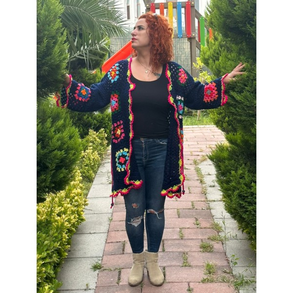 Gönülden Tasarım El Örgüsü Motifli Kadın Hırka Etnik Hırka Salaş Hırka Kadın Hırka Fiyatı