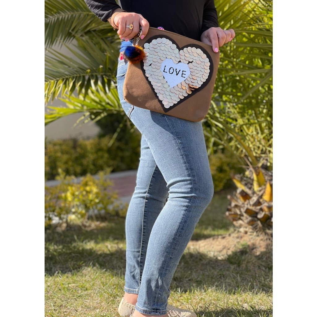 Gönülden Tasarım Pul Payet Kalpli Parlak Tasarım Portföy Clutch El Çantası Portföy Çanta Fiyatı