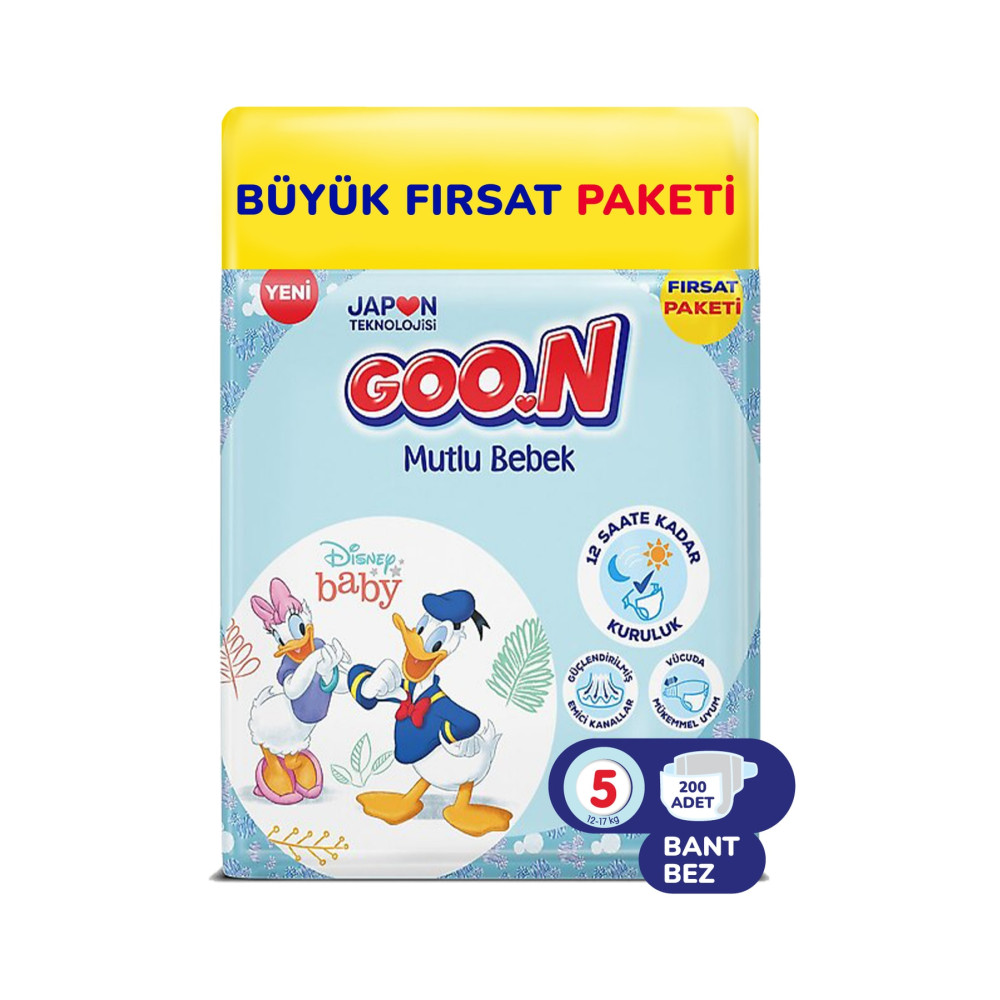 Goo.n Mutlu Bebek 5 Numara Bant Bebek Bezi Büyük Paketi - 12 Saat Kuruluk - 200 Adet Bebek Bezi Fiyatı