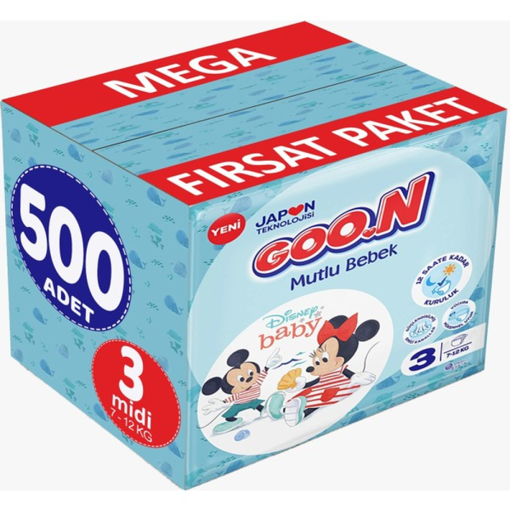 Goon Mutlu Bebek Bebek Bezi Beden:3 (7-12KG) Midi 500 Adet Mega Fırsat Pk - 3 Bebek Bezi Fiyatı