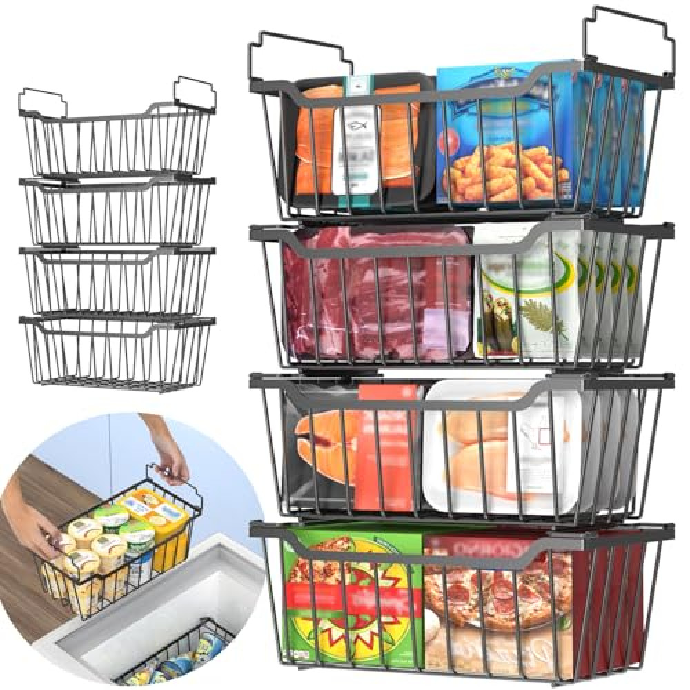 Goovilla Freezer Organizer Bins with Foldable Handle, 8 Pack Stackable Freezer Baskets for 3.5-7 Cu.FT Deep Chest Freezer Organization, Coated Metal Freezer Storage Bins with Better Space Utilization