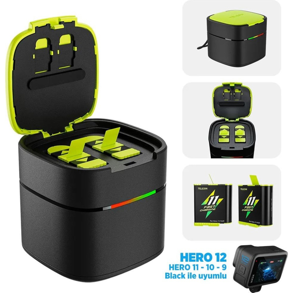 GoPro İkili Şarj Cihazı + 2 ADET Yedek Batarya ( GoPro Hero12 Black / Hero11 Black / Hero10 Black / Hero9 Black İçin ) Aksiyon Kamera Aksesuarları Fiyatı