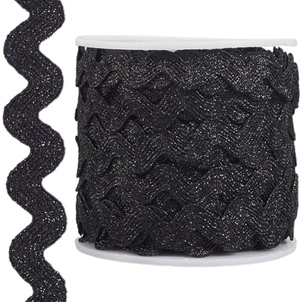 GORGECRAFT 16.5 Yards Metallic Rick Rack 0.6 Inch Black RIC Rac Trim Glitter Zig Zag Christmas Braided Woven Trim Wave Bending Fringe Ribbon Wavy Edge Fabric for DIY Craft Sewing Wedding Dress Gift