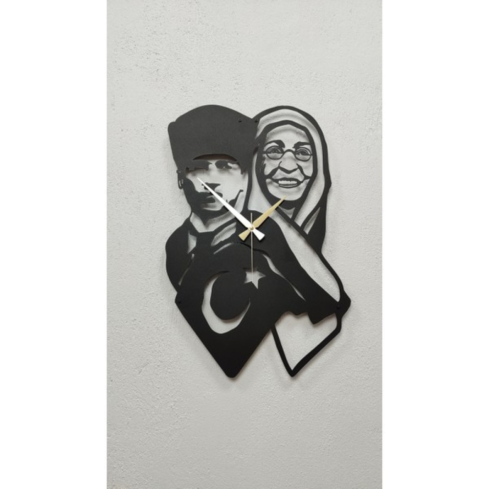 Gowpenart Dizayn Atatürk ve Annesi Zübeyde Hanım Siyah Metal Duvar Saati-Ev/ofis Saati-Hediye Saat 70X32 cm - 70 x 32 cm Dekoratif Saat Fiyatı