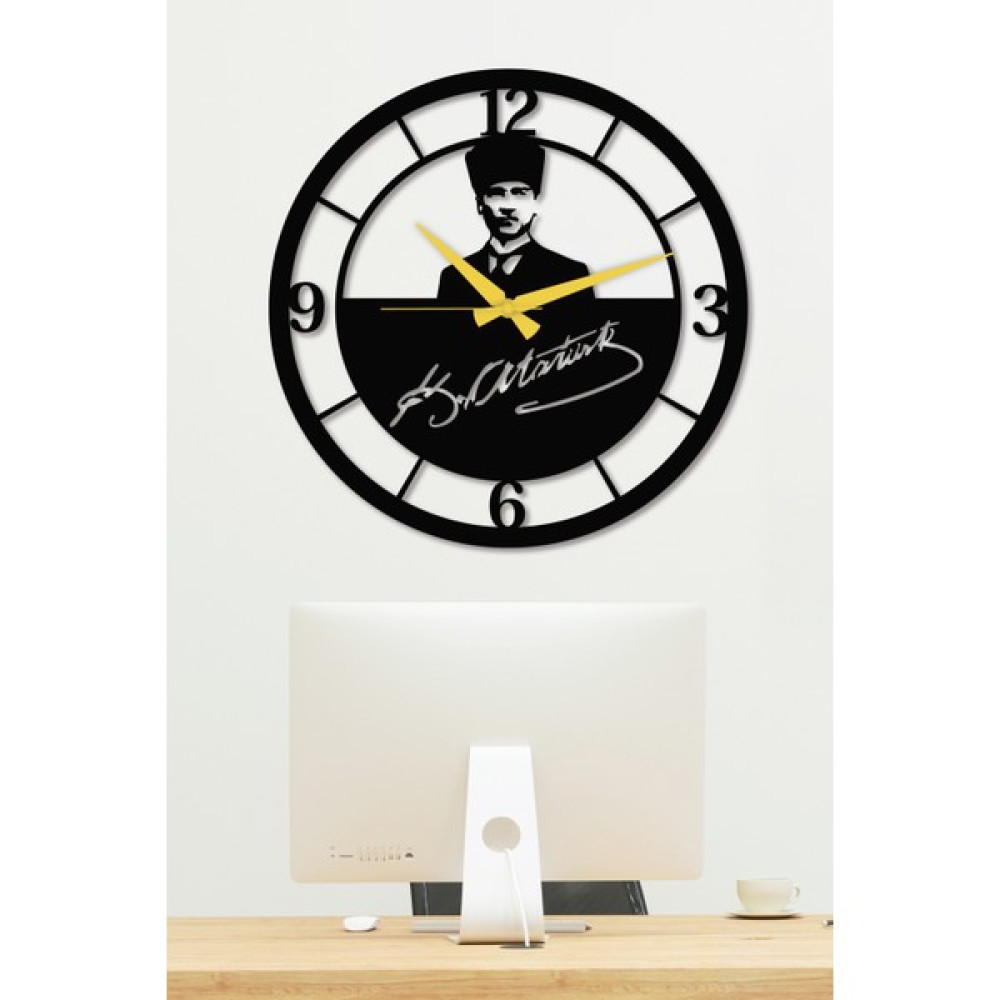 Gowpenart Dizayn Gowpenart Atatürk Portreli Imzalı Siyah Metal Duvar Saati - Ev & Ofis Saati - Hediye Saat 50 x 50 cm Dekoratif Saat Fiyatı