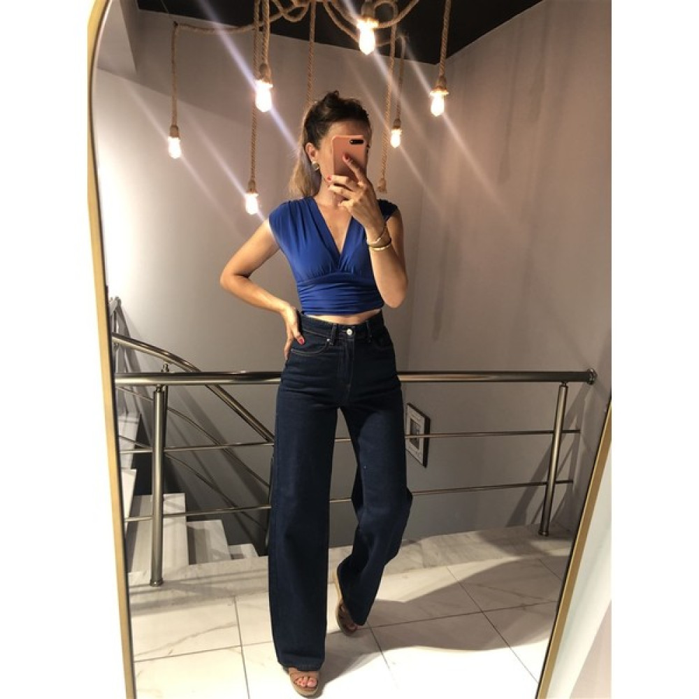 Gözde Tasarım Butik Kadın Koyu Lacivert Wide Leg Bol Paça Dökümlü Palazzo Jean Kot Pantolon Bayan Jeans / Kot Pantolon Fiyatı