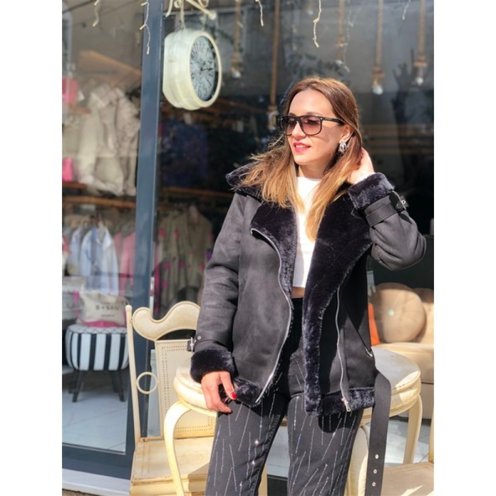 Gözde Tasarım Butik Siyah Renk Içi Kürklü Dışı Süet Fermuarlı Kürklü Kaban Kadın Kaban Fiyatı