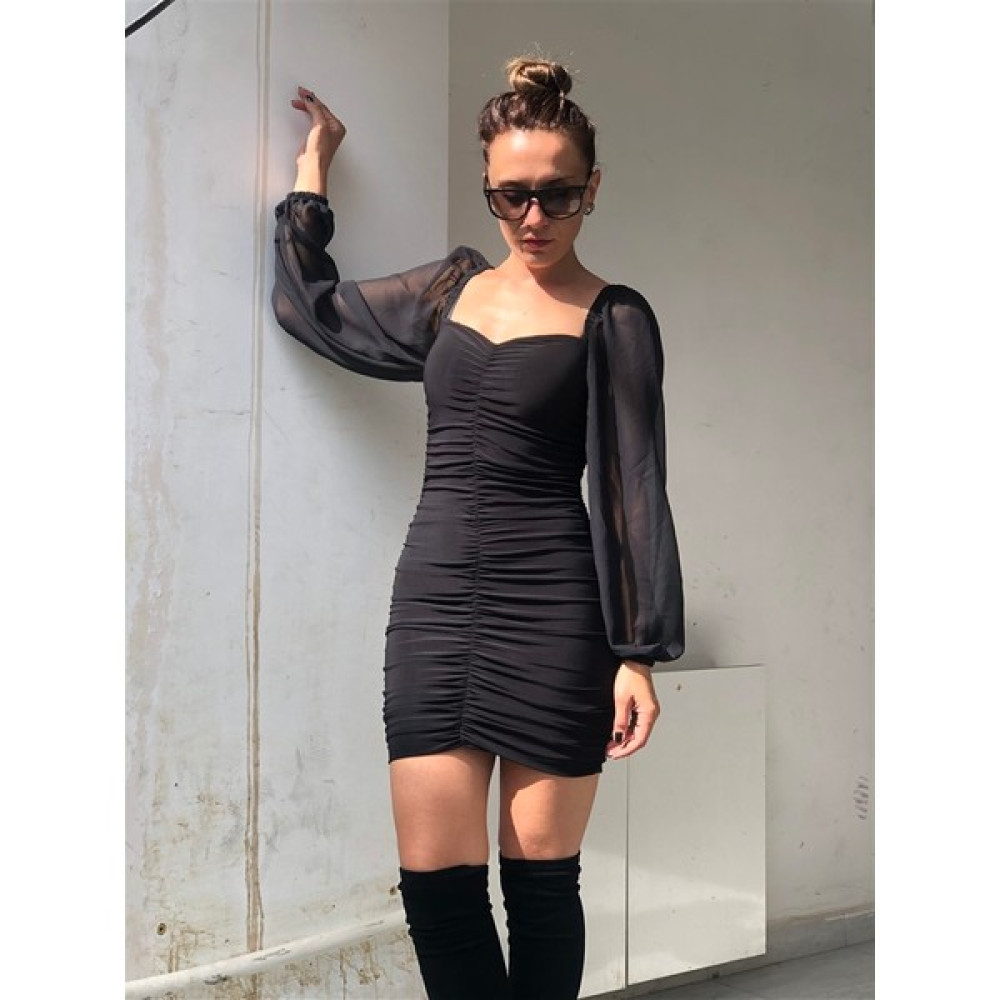 Gözde Tasarım Butik Siyah Renk Kolları Balon Şifon Astarlı Sandy Kumaş Drapeli Kısa Bodycon Gece Elbisesi Elbise Fiyatı