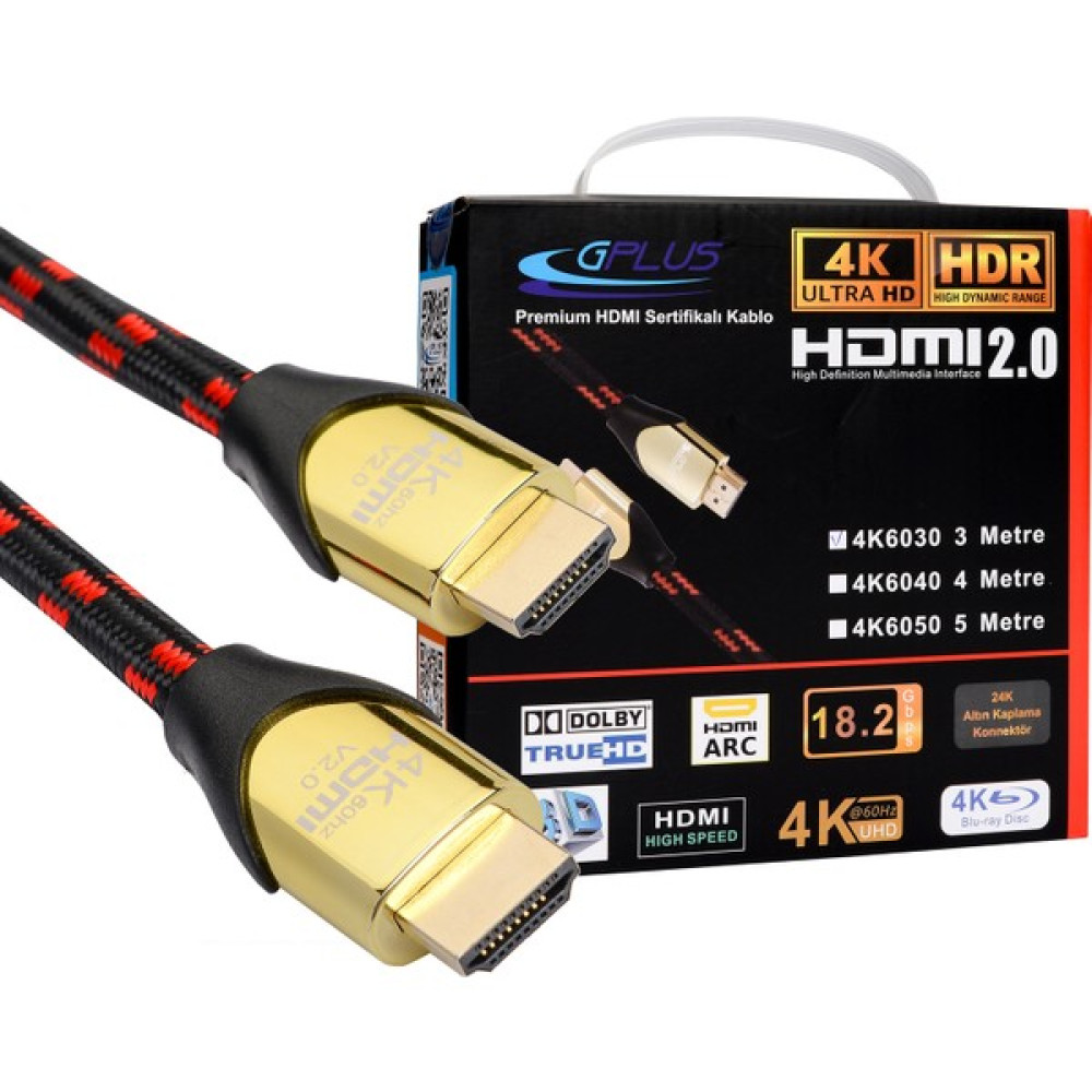 Gplus 4K60 HDMI 2.0 18 Gbps 4K Ultra Hd Premium Sertifikalı 4K 60Hz D-Hdr Hdcp 2.2 Earc Destekli 18 Gbps Yüksek Çözünürlüklü HDMI 2.0 Görüntü Kablosu HDMI Kablo Fiyatı