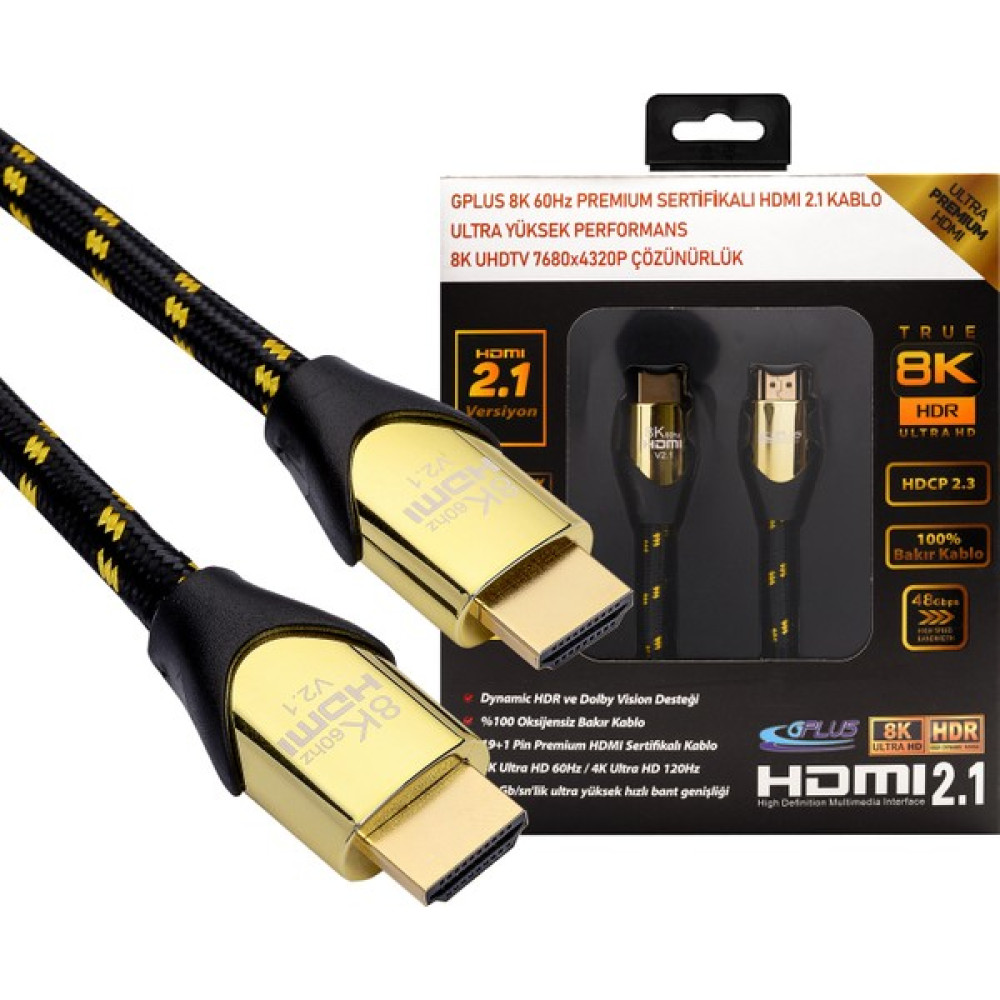 Gplus 8K60 HDMI 2.1 48 Gbps 8k Ultra Hd Premium Sertifikalı 8k 60Hz 4K 120Hz - 2m - 2 m HDMI Kablo Fiyatı