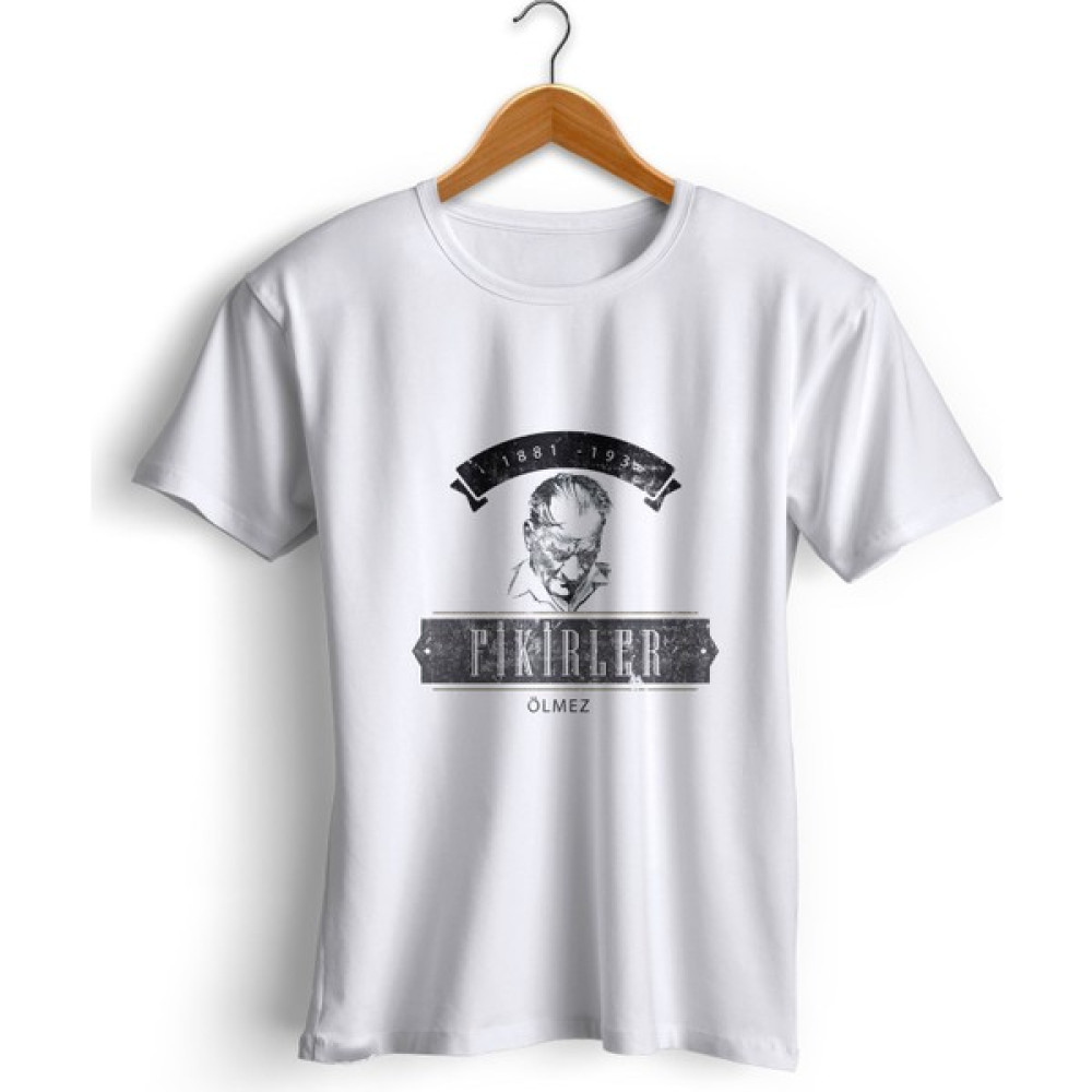 Grafilli Design Unisex Fikirler Ölmez Baskılı Atatürk Bisiklet Yaka T-Shirt Erkek T-shirt Fiyatı