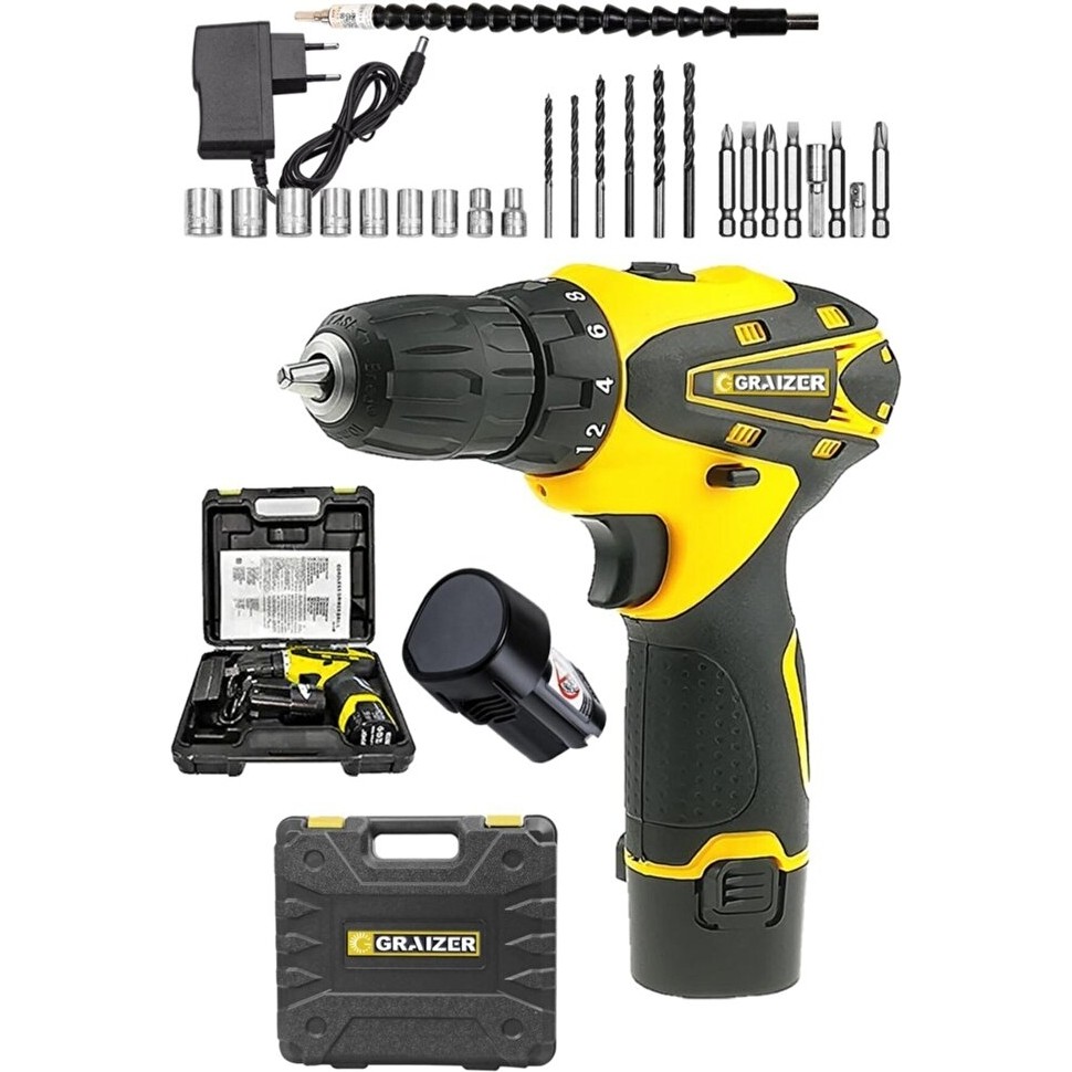 Graizer 32 V Darbeli Akülü Vidalama Matkap + 24 Parça Set Sarı Yüksek Tork ve Ergonomik Tasarım Matkaplar Fiyatı