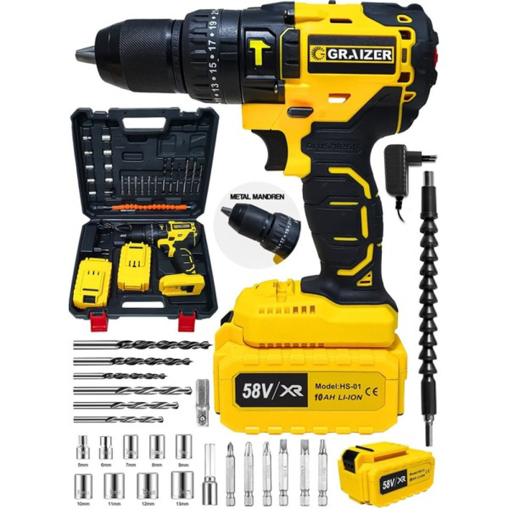 Graizer 58 V 10 Ah 13 mm Çelik Mandren Darbeli Çift Akülü Vidalama Çelik Şanzuman Şarjlı Matkap Oto Boyaları Fiyatı