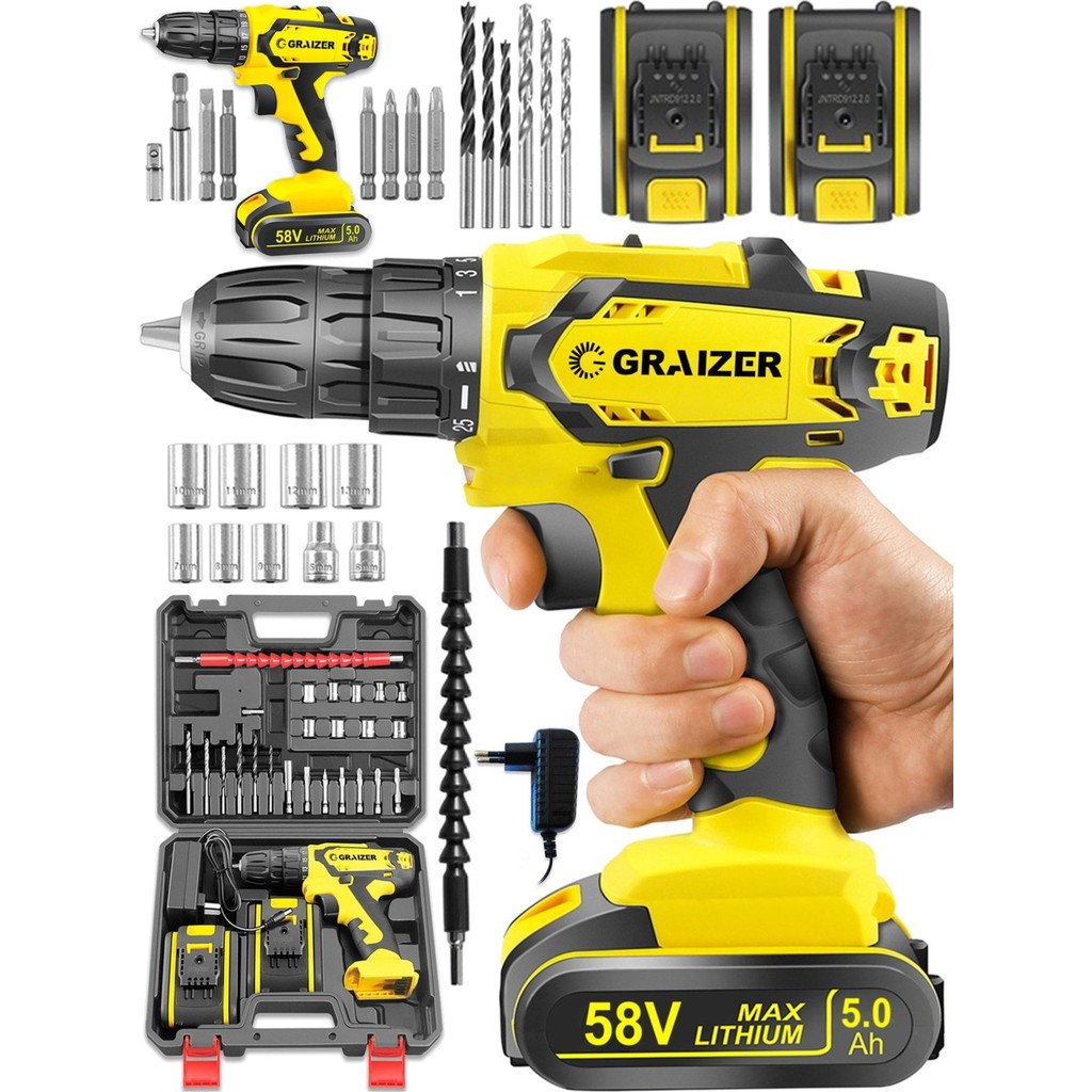 Graizer 58 V 5 Ah Darbeli Metal Şanzuman Bakır Sargılı Çift Akülü Şarjlı Vidalama Matkap 24 Parça Set Matkaplar Fiyatı