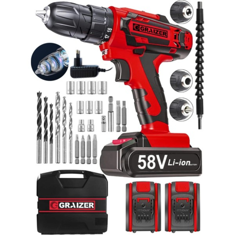 Graizer Alman V-Tec 58 V 5 Ah Çelik Motor Çelik Şanzuman Darbeli Şarjlı Çift Akülü Vidalama Matkap Elektrikli El Aletleri Fiyatı